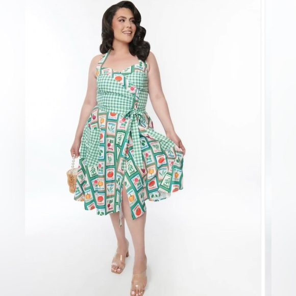 Unique Vintage Green & White Vegetable Gingham Romper, 1x, NWT! - Picture 8 of 15